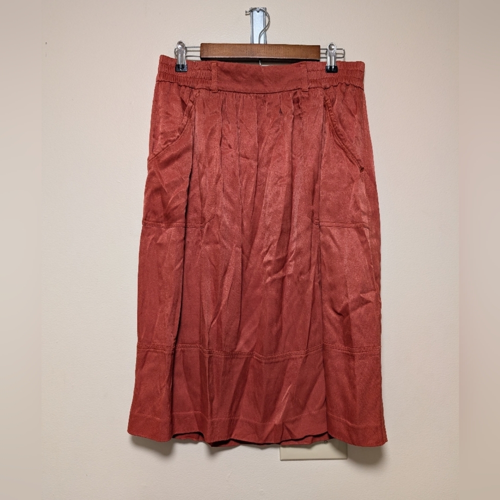 LOFT Rust Orange Midi Skirt Elastic Waist Rayon Size M